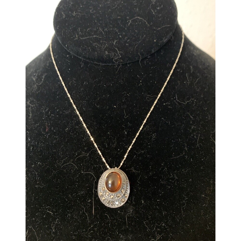 Vintage Amber & Marcasite Sterling Silver Necklace 18” Converted Earring